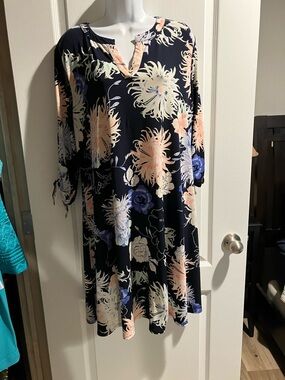 Chico's Navy Floral Midi Dress with Pastel Blooms